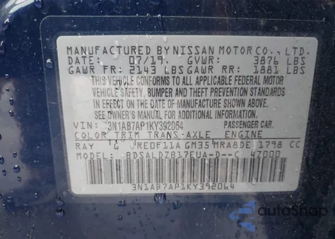 2019 Nissan Sentra Sv z USA, uszkodzony, nr VIN 3N1AB7AP1KY392064